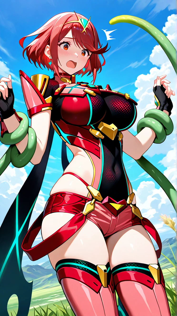 pyra \(xenoblade\), teen_1girl, loli, bangs, black gloves, breasts, red eyes, shout, earrings, eyelashes, fingerless gloves, floating hair, , gem, gloves, hair ornament, headpiece, jewelry, big_breasts, leaning back, swimsuit, neon trim, official art, pose, red hair, saitou masatsugu, short hair, sidelocks, skin tight, solo, swept bangs, thighhighs, tiara, fantasy_town_background, underbust, xenoblade chronicles \(series\), (xenoblade chronicles 2), (spread_legs:1.1), fire_effect,dynamic_pose,fighting,light_smile, (plump:1.1), big_ass,huge_sword, hold_large_sword_hilt, covered_nipples, covered_pussy, fists,ponytail,beautiful_fingers,(solo:1.1), bare_shoulder,(shoulder_naked:1.2)