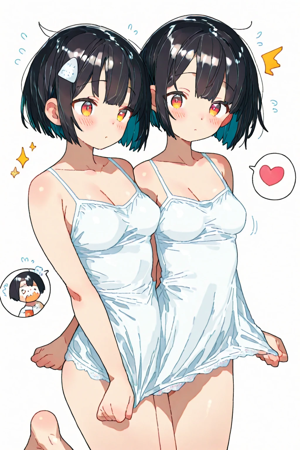 (((High resolution:1.5))), (((Very detailedな:1.5))), (((Two Girls:1.3))),((7Head to Body:1.3))、 (((White bed:1.5))),(((Bright interior、Midday light background)))、(((Happy expression))), (((smile:1.5)))、(((Beautiful and detailed eyes:1.3))), (((Very detailed))), (((Details face:1.5))),(((Small waist)))、 (((Very delicate body:1.5)))、(((Flat Chest:1.3))),(((short wavy hair:1.5))),Normal limbs、(((thigh gap:1.3))),(((dakimakura:1.5)))、(((NUDE:1.5)))、