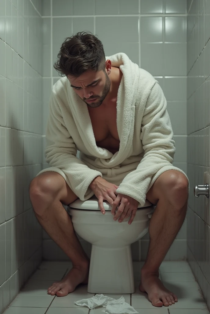 Please create an image of a man wiping his buttock with toilet paper. 
