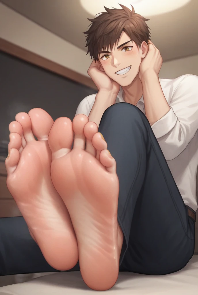 Hombre masculino desnudo lamiendo sweaty feet, man&#39;s feet, sweaty feet, black skin, blue eyes, erect penis, Penis foreskin, Detailed feet, very hairy, short hair, very short hair.