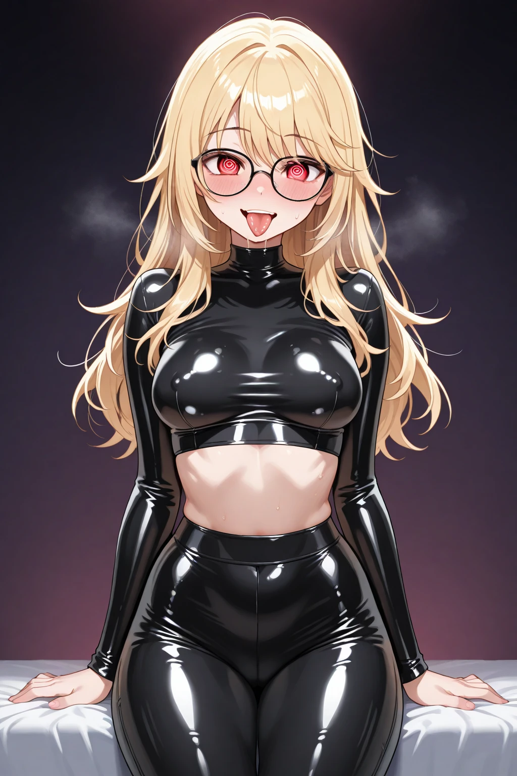 Erotic、tall、Big Breasts、Blue Archive、Blonde、Glasses、ponytail、Elf、Shiny latex rubber suit、turtleneck、Pink line、Evil Combatants、sexy、Evil smirk face、tall、adult、lure、Alluring、Pitch black background、Dark bedroom at night、Fall into Darkness、Fallen into evil、Straddle