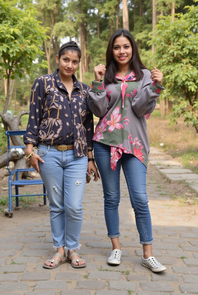 Child girls wearing a blouse that goes all the way down to the sleeve juelhos and wearing a pink slipper walking through the park