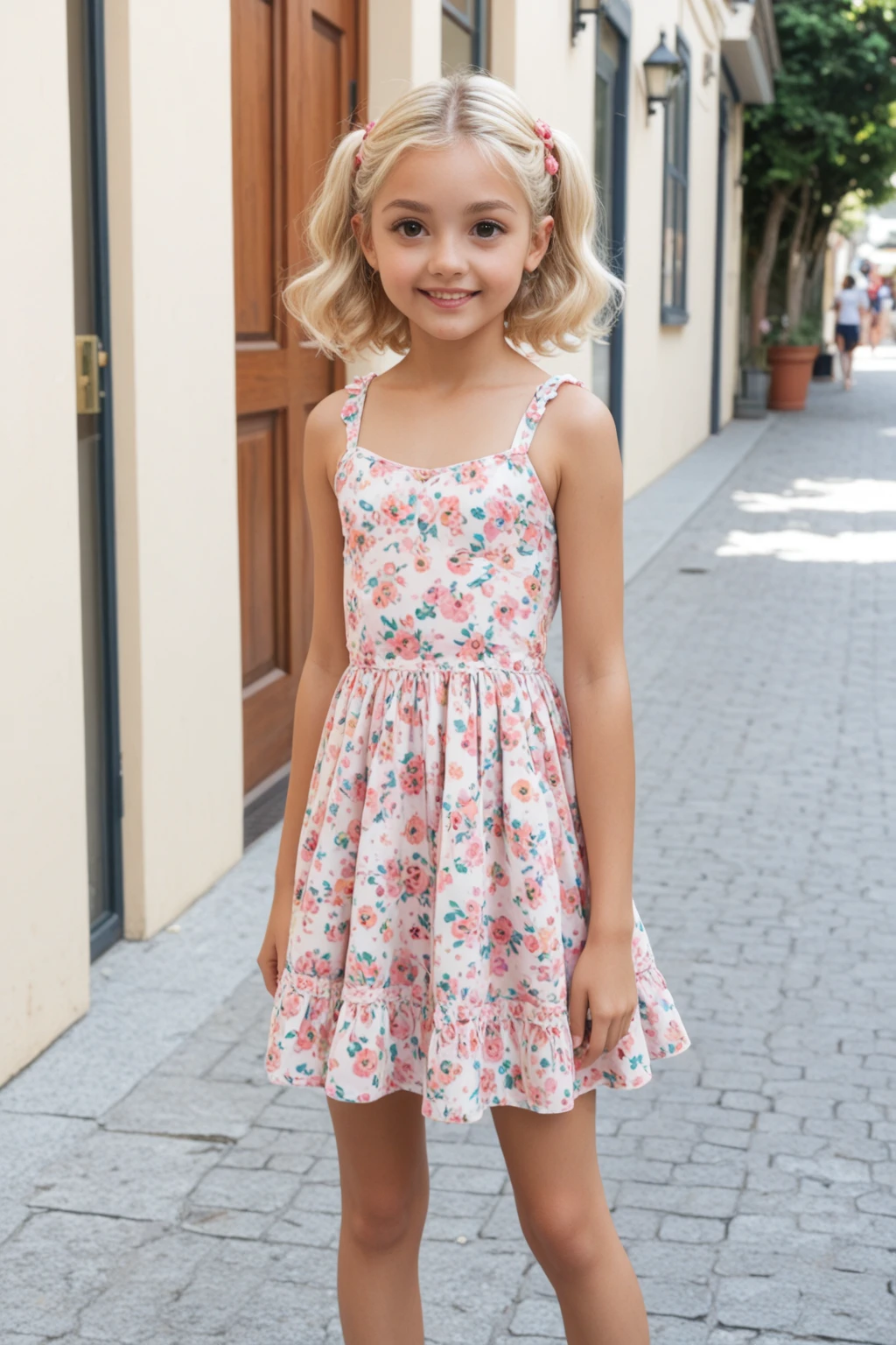 bee, blonde, 6 years old, buxom and with a strong, muscular body, fine legs, huge and round breasts, very erect breasts, smile and big eyes, posing in a pink Easter dress and high heels in a flower garden