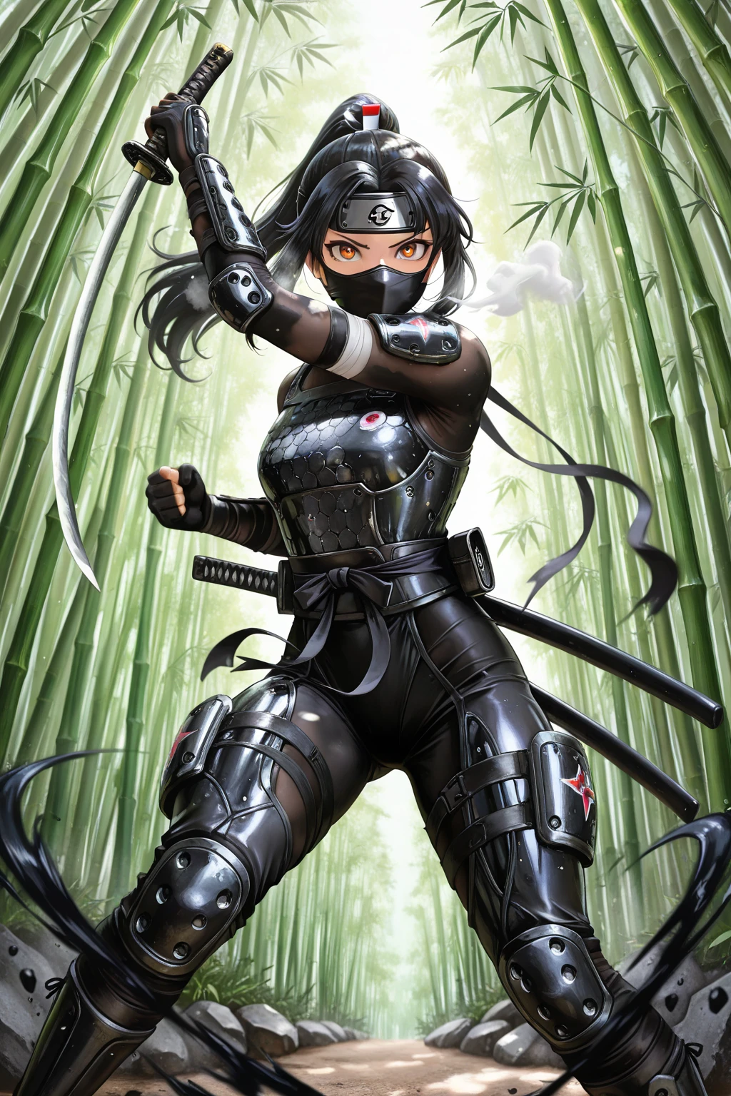 8K,1 milf,Fantasia、sexy female ninja with big breasts、Fluttering chest,complete ninja outfit、tight black and red ninja outfit(ultra precise detailed)、Slender lower body,tight black and red skirt(ultra precise detailed)(Exposure of ninja clothes)、(Masked Face)、(Quick movement)、(stealth)、(mystical)、(arma)、(knifes)、(shuriken)、(daggers)、(short knife)、(shuriken)、(Graceful pose)、(dusk setting)、(Moonlit sky)、(Enchanting shadows)、((magical aura))、(daring acrobatics)、(ninja star)、(Quiet footsteps)、(Highly skilled)、(dedicated warrior)、(invisible assassin)、(ninja headquarters)、(hidden passage)、(bamboo forrest)、(intricate-detail)、(secret glance)、(impressive crimson eyes)、(Intense focus)、(epic battle scene)、(Mystical powers)、(rippling muscles)、(Fierce determination)、(Warrior spirit)、(exhilarating action)、(ancient tradition)、(unbreakable code)、(fearless guardian)、(unparalleled combat skills)、(constant vigilance)、(invisible protector)、(top-quality、ultra-detailliert、hight resolution、physically-based renderingt:1.2)、(immersive lighting)、(vivd colour)、(Dynamic composition)、(​masterpiece)。Fantasyart、Female ninja、complete ninja outfit、(tight ninja uniform)、The  is a uniform、Nipples are uniform、arma、lush bamboo forest,Golden decoration,超A high resolution,super realistic skin,Beautiful expression,See viewers,sexy black and red chest armor,
