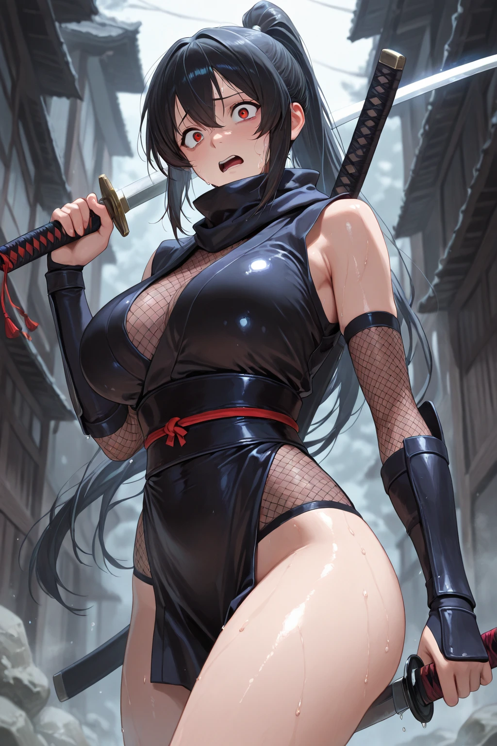 Captive, ninja, ponytail, black mask, big breasts, torn clothes, no panties, no bra, dynamic poses, restrained, angry, rope, covering breasts, covering crotch, sword