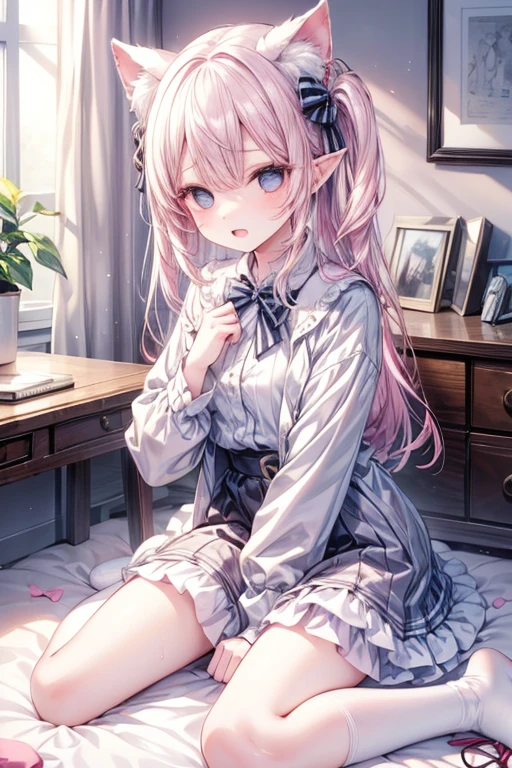 Highest quality、Ultra-high resolution、Fae, a fairy in human form、((Delicate, transparent wings on its back))、Long straight hair with a center part、Pink Hair、Big pink eyes、Round Glasses、White flower hair ornament、Pale pink dress、Puff sleeve design and knee-length skirt、Over the knee socks、Sit on the bed、Slim figure、Plump breasts、Elf Ears、Embarrassed look、Photorealism、Low angle shot:1.5、(M-shaped foot:1.4)、((Showing her panties:1.5))、The right hand is touching the chest、The left hand is touching her panties、Taking pictures secretly、Sexy look、((pink silk panties))、((Panties close up:1.4))、detailed、(PurerosFace_v1:0.008)、eyeliner、cheek、Embarrassing、shine、Glossy lips:1.4、impatience、fear、Shiny、Panty Appeal、Panty Up:1.3、blush、Are crying、Crying face、Open your knees、Spread your legs、Disheveled clothes、Change of clothes、Bedroom、解剖学的にAccurate human body、Perfect Arms、Perfect hands、Perfect Fingers、Perfect Legs、Accurate human body、High quality digital art