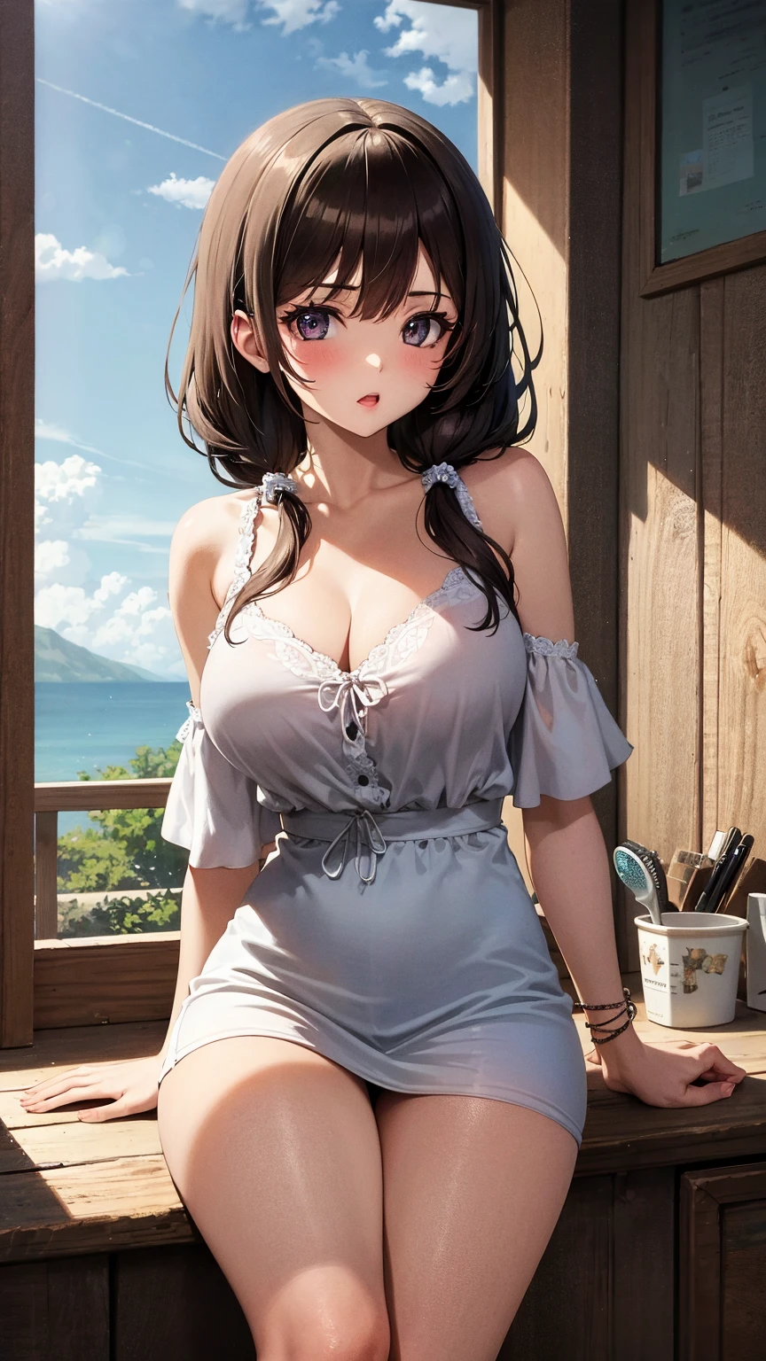 CG, Unity, 8k, wallpaper, highest quality, masterpiece, haruka amami, (smile: 1.2), 1 high school girl、Black Hair、Curly Hair、Blue Eyes、Dense lips、Sit on the veranda, White Camisole BREAK Denim Shorts, barefoot, Thighs, Sweat, Best lighting, Complex pupil, Complex weaving, Detailed Background, Japanese countryside, She shows the viewer a popsicle in her hand.