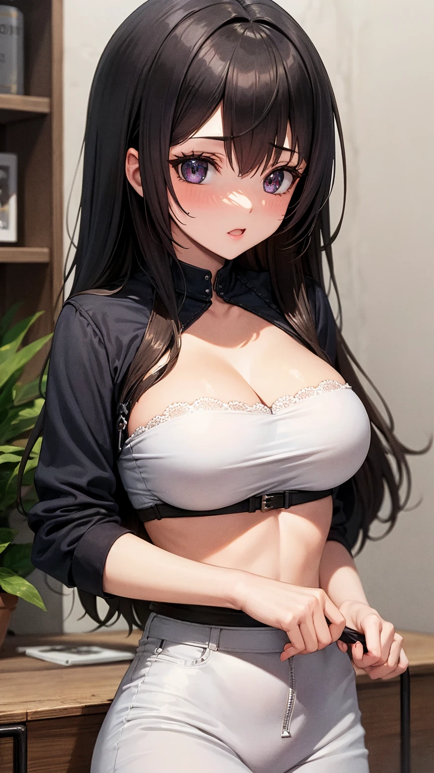 1 female,black hair,25 years old,(((blue shiny micro tight skirt)))((white tank top))(((blush、open mouth smile)),(((straight hair))),(((portrait))),crowd,,(wet with sweat)((sexy black bra and see-through tank top))(leather thigh high boots)(((big breasts)))