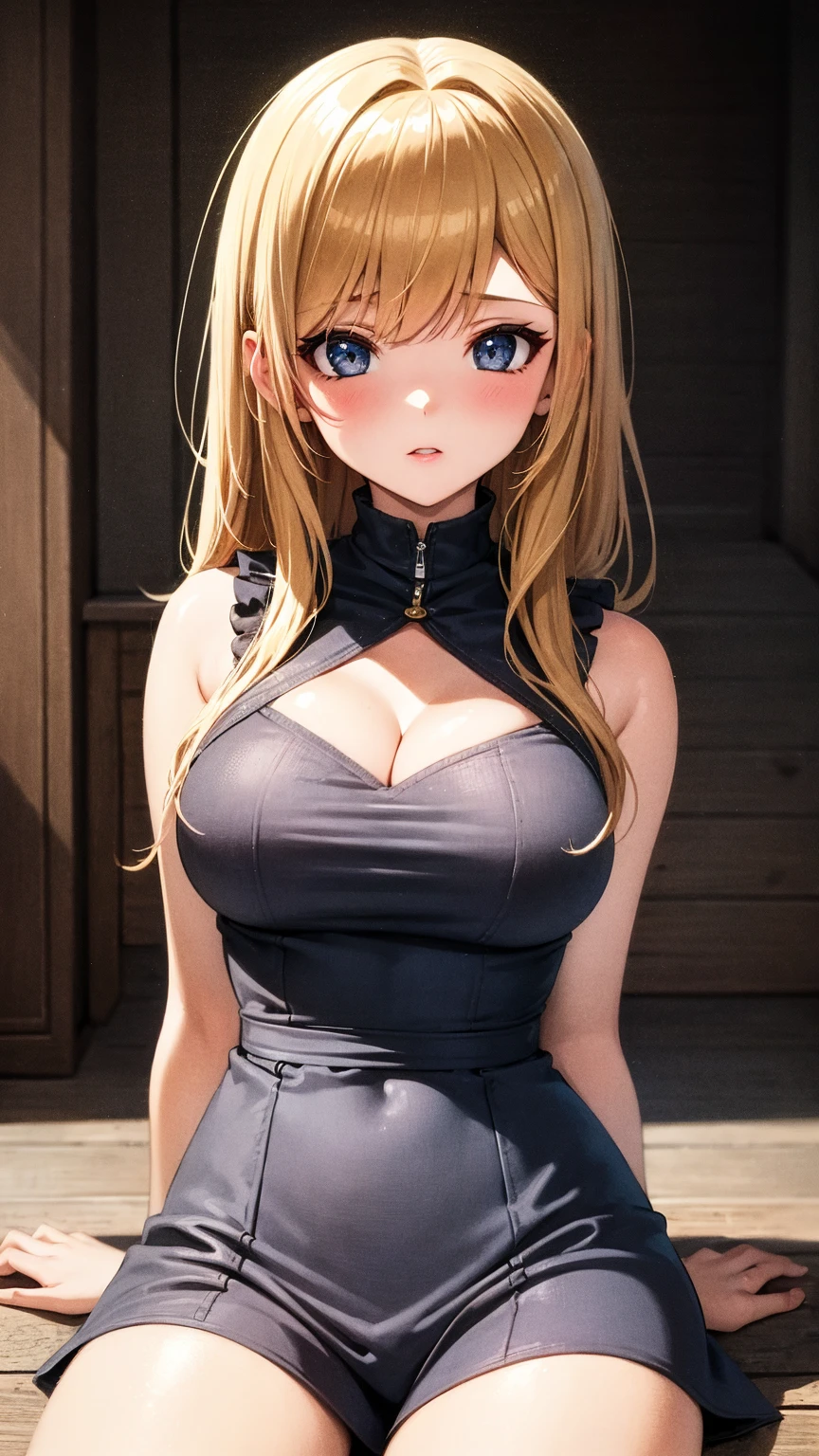 (forehead:1.1),sidelocks,blonde hair,yellow hair,(semi-long hair),indoor room,(dark blue eyes),lips,sleeveless sweater,skirt,smile,shiny skin,(large breasts:1.55),(shiny,hair),((solo)),((masterpiece)),((best quality)),perfect anatomy,slim waist,perfect image,8k UHD,(beautiful detailed eyes:1.5),extremely detailed face,standing,(upper body:1.25),(look at the front:1.5),(arms behindback),ultra-detailed,absurdres,highres