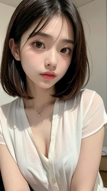 Tabletop, highest quality, figure, Super detailed, In detail, High resolution, In 8K,wallpaper, Perfect dynamic composition, Beautiful fine details, White Tank Top,Short Bob Hair、Blonde,Big Natural Color Lip, Bold sexy pose,Expressionless、Cold Stare,Harajuku、20-year-old girl、cute、sexy shot looking at camera、In a dark room、Sleeping in bed