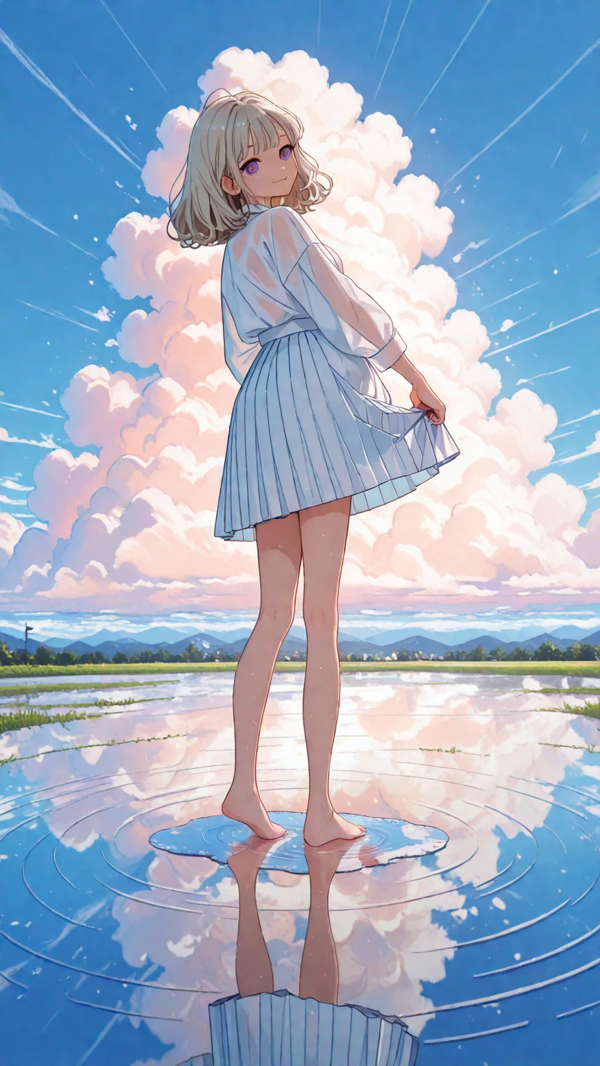 ((Edouard est une fille)) T-shirt blanc transparent, Edouard, Dans la pluie, pieds nus, pleuvoir fort, Tout le corps, pieds dans une flaque d&#39;eau,  Les mains en l&#39;air, Regardant le ciel, eyes closed, (((fond de champ))) souriant, wet clothes, cheveux humide, vêtements collant à la peau, diaphragme,cheveux roux,chemise blanche,off shoulder,clavicule,bronzage de la peau, short cycliste noir,des lunettes de protection, yeux marrons, souriant, seins, clivage (incredibly detailed, beautiful detailed face, chef-d&#39;artwork, best quality), nue