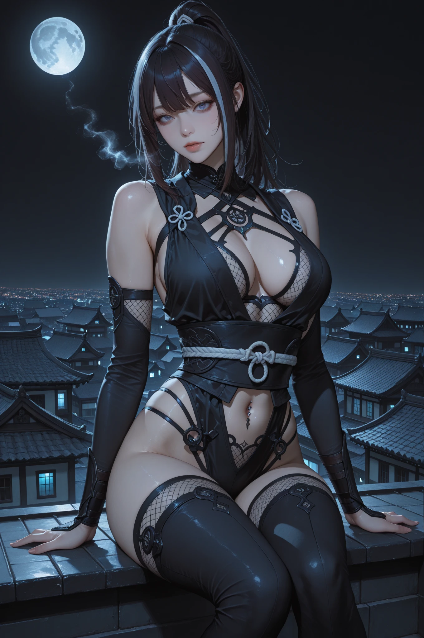 Cinematic lighting,super detailed skin、Beautiful detailed eyes、Best Quality,cyberpunked,(Alternative、dim colors, Soothing tones:1.3),NSFW(1beautiful woman、Detailed beautiful facial features、Blue eyes、slenderbody:1.3)(well-shaped breasts、cleavage of the breast、Stand nipple、Ripped clothes:1.5).(Possession of a sword、bending forward:1.2)(Sitting in an old chair、Stand on one knee:1.5)Cyber City Destroyed、Doomsday World、Cyber Japan、On the roof of a building、(Geometric Moon:1.2)、((from below、dynamic angle))