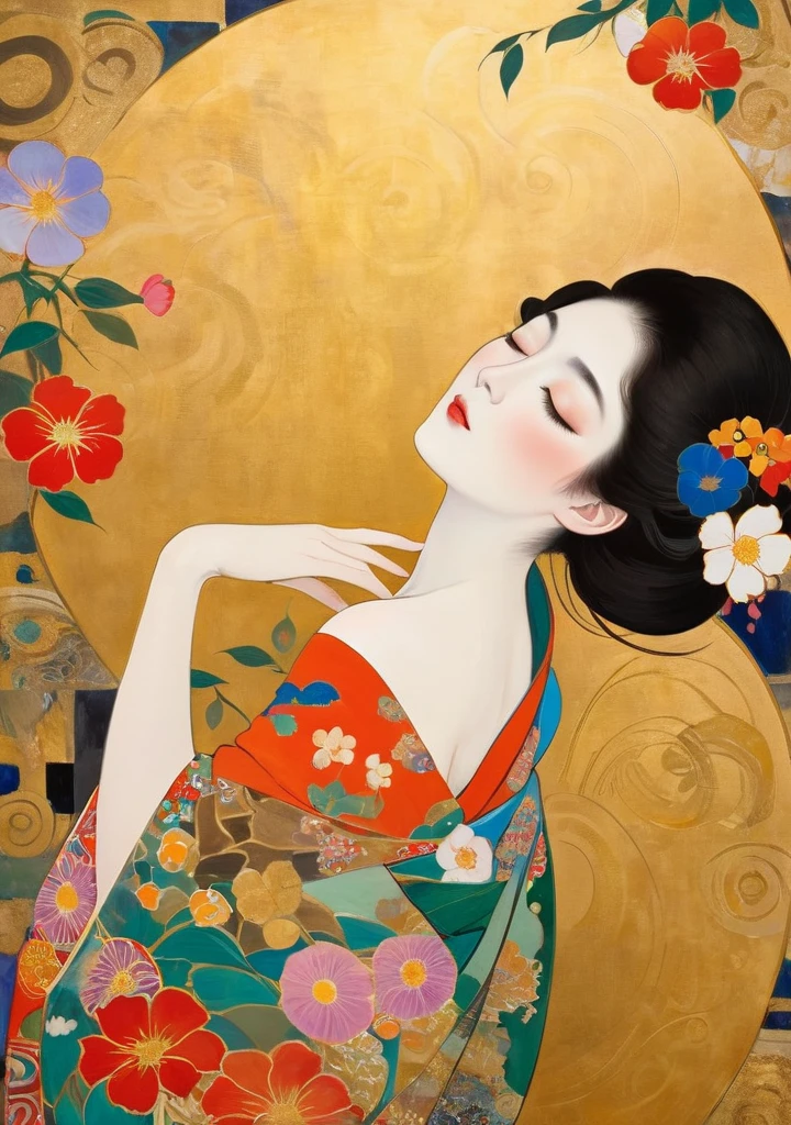 Masterpiece Japanese Painting, Klimt style masterpiece, flat art, Crepas painting, abstract,  lots of flowers  , Staring at a flat illustration, 40 years old, Off Shoulder, harf-open-eyes, sexy,  Bold Composition 、