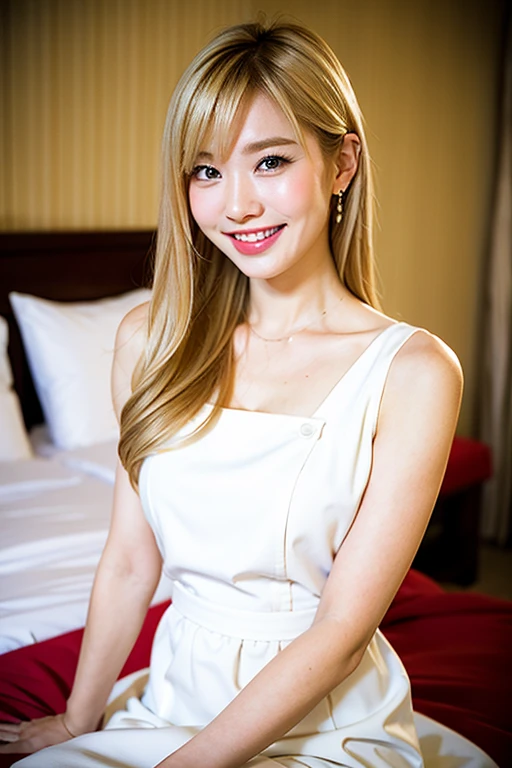 best quality, blonde hair, long hair, ultra high res, (photorealistic:1.4), 1girl, redgown, red dress, ((Asian face)) (K-Pop idol face), good anatomy, good hand and for ngers, looking at viewer, smiles, perfect teeth, sitting on bed, bedroom, good lighting