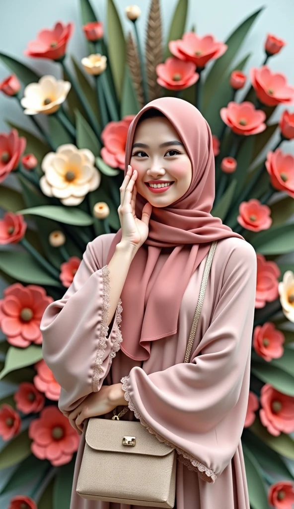 A beautiful Indonesian woman, smooth white skin, well-groomed face,wearing a brown hijab in a modern style,wearing a red orange knitted hoodie, smiled faintly,posing next to a purple orchid in full bloom. Latar belakang Ladang  bunga anggrek banyak .Realistic original photo 