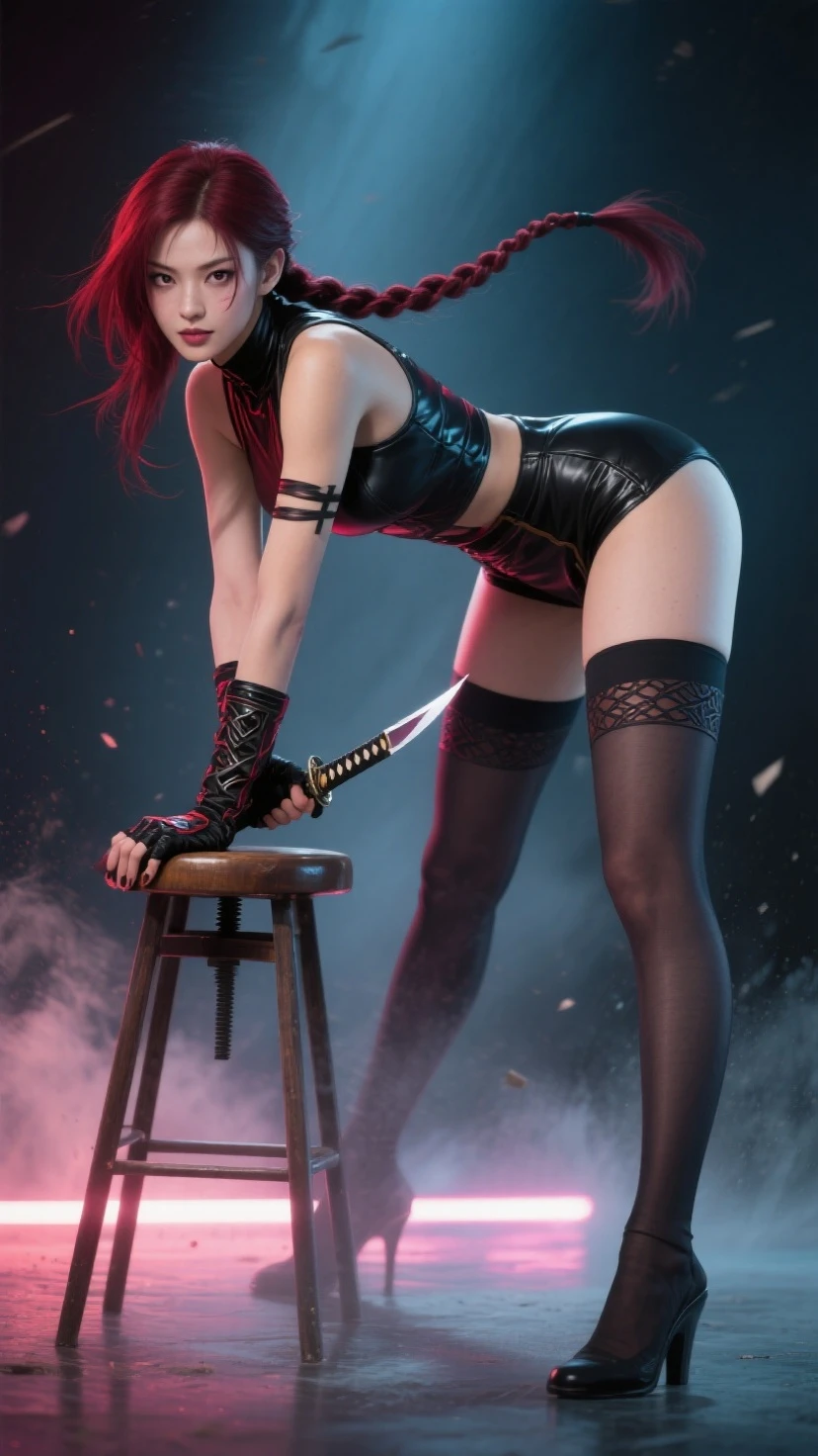 (RAW shooting:1.2, Photoreal:1.5, 8k:1.2, highest quality:1.2, masterpiece:1.2, ultra high resolution:1.2), (perfect dynamic composition:1.2, Highly detailed skin and facial textures:1.2,beautiful and aesthetic:1.2, full body:1.2, Fair skin:1.2), (large breast:1.4, Chest gap:1.4), (perfect limbs:1.2), (perfect fingers:1.2),(1girl:1.2,tall:1.2,sexy:1.2,asian:1.2,glamour:1.2,makeup:1.2),(sitting:1.2,chair:1.2,legs together:1.2),(earrings:1.2),(ragnarok_ninja:1.2),(red ninja scarf:1.2),(black short hair cut:1.2),(hairband:1.2),(double eyelid:1.2),(sash:1.2),(knife:1.5),(simple background:1.2),(thigh tights:1.2),(ninja boots:1.2),
