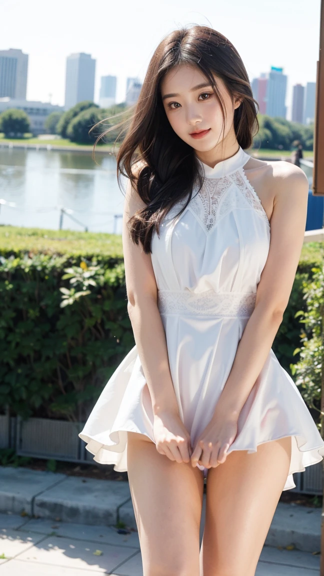 (((8k、High resolution、Highest quality、High resolution)))alone、Natural body shape、White skin、Natural Makeup、Halter neck dress、(Ultra-realistic pantyhose:1.3), Skirt and thighs、High heels、(Full Body Shot), Grin, Beautiful mature woman, pastel colour、Random Color、like affair、joy、Be excited、happiness、like、Love like、Field、(Strong winds:1.3), (Wind lift:1.6),