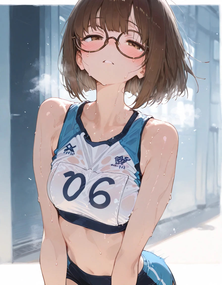 {{{masterpiece}}}, {{{best quality}}}, {{ultra-detailed}}, {illustration}, {{an extremely delicate and beautiful,high resolution, ultra-detailed,,perfect face,slender perfect body, Tight belly,Toned buttocks,Constricted waist}},,(((1 girls to 100m run start))),(painful face),glasses (wear a headband),15yo,((pink:-1.5) ,(red:-1.5) ,(blue:-1.5) hair), (braided short hair), (braided long hair), shy daughter, short stature, small tits,(flom track and field), (fashionable track and field athlete),(bike shorts), small tits, (wet:1.2), track and field,((very wide shot ))