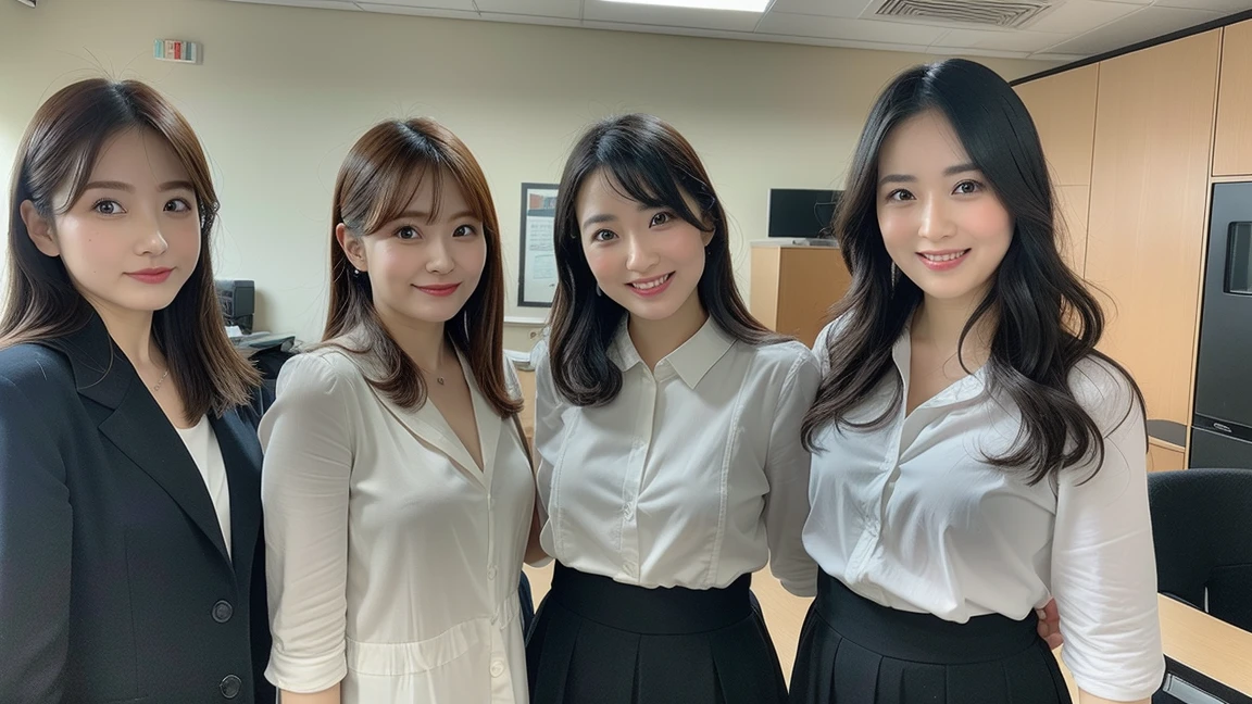 ((Best Quality, 8k, Masterpiecedetails, ultra-high resolution)), (group picture),(looking at the viewer), (full shot:), attractive business 5 milfs, 5 people, a bit chubby:0.15, seductive expression, (sitting on office desks)), smile, office of CEO,