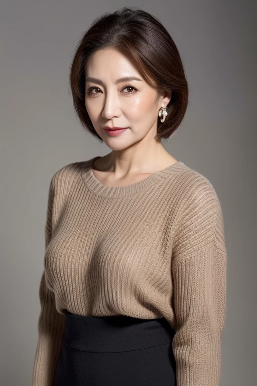 hight resolution, high-level image quality, high detailing, ​masterpiece, Textured skin, tre anatomically correct, sharp, greybackground, ((japanese mature, sixty years old)), 独奏, ((Wrinkles on the face)), large breasts with good shape, Straight light brown hair that reaches to the shoulders, chubby figure, (((Stand upright, facing the center of the screen.))), Close your mouth and look straight ahead with a serious face, Sweaters, skirt by the, ((cowboy  shot))