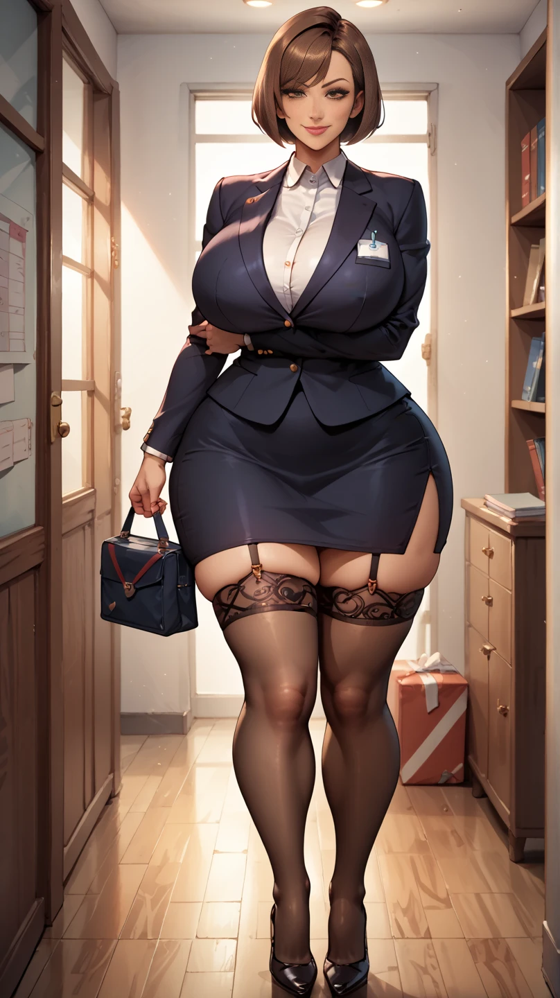 highest quality, masterpiece, brunette colored hair, blue eyes, mature woman, 35 years old，secretary uniform，big breasts beautiful legs stockings，high heels， shy，slave girl，white panties，NSFW, unbuttoned shirt, full body shot, plump legs, Whipping the lower body, plus size, plus sizeモデル, calf, Mature mother, mature mom, 