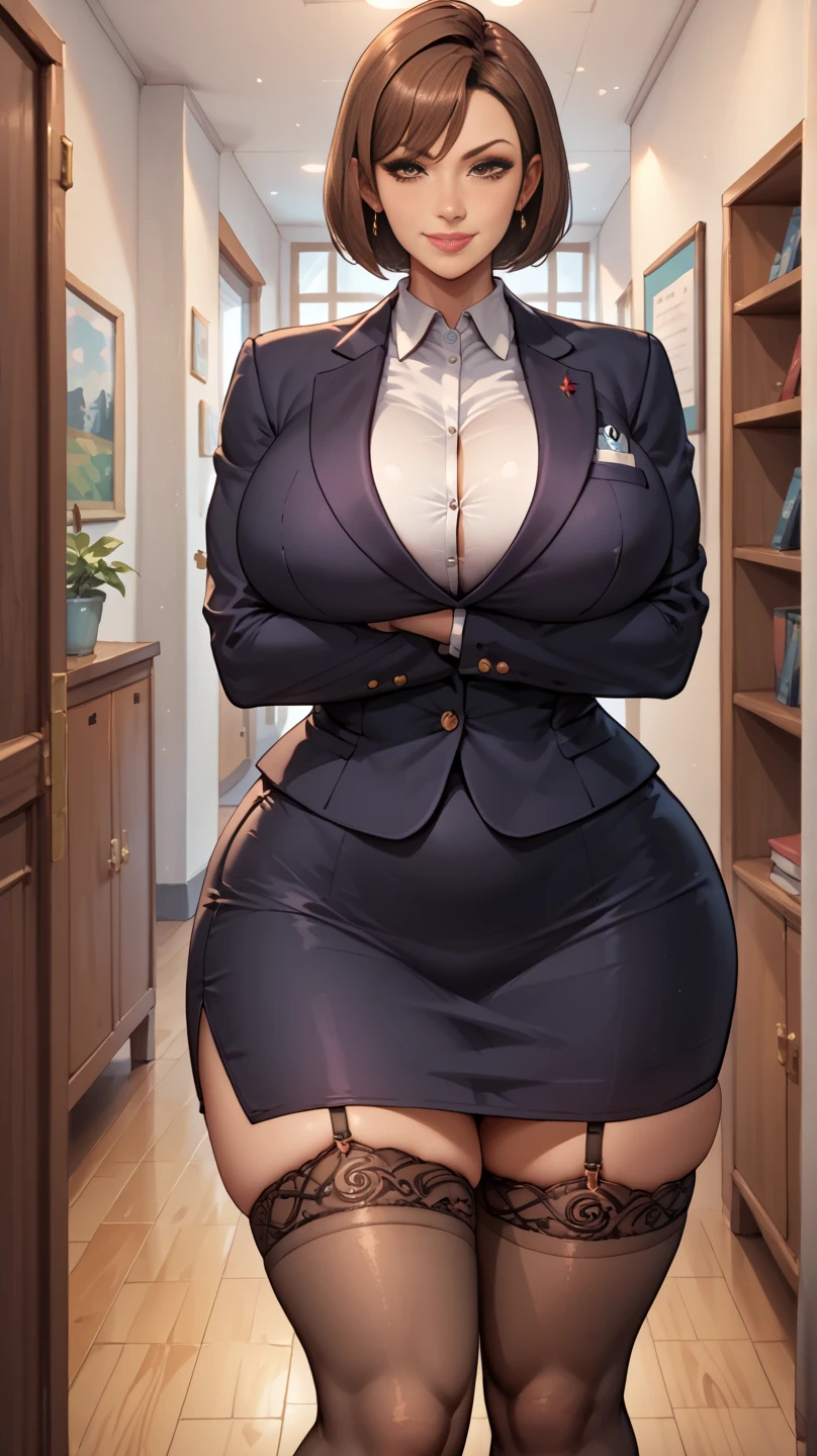 (highres, high quality:1.3), intricate details, cinematic lighting, sharp focus, depth of field,
KuroseKatsuko, 1girl, solo, full body, complate body mature female, looking at viewer, standing, white background, siple background,
serious, embarrassed, blush, holding book, open mouth,
[brown|black] hair, short hair, blunt bang, hair bun, ribbon, makeup, lipstick, eyelashes, brown eyes, detailed eyes, glasses, perfect face, cute nose, beautiful face, perfect face, illuminated face, thick lips, blushes, symmetrical face, beautiful detailed face, human ears, seductive, pleasure expression, orgasm expression,
suit, jacket, skirt, black pantyhose, tight clothes,
huge breasts, curvy, thighs, wide hips, large hips, thick thights, huge thights, hourglass figure, big breasts, huge breasts, large breasts, big butt, huge butt, very slim stomach, thin belly,