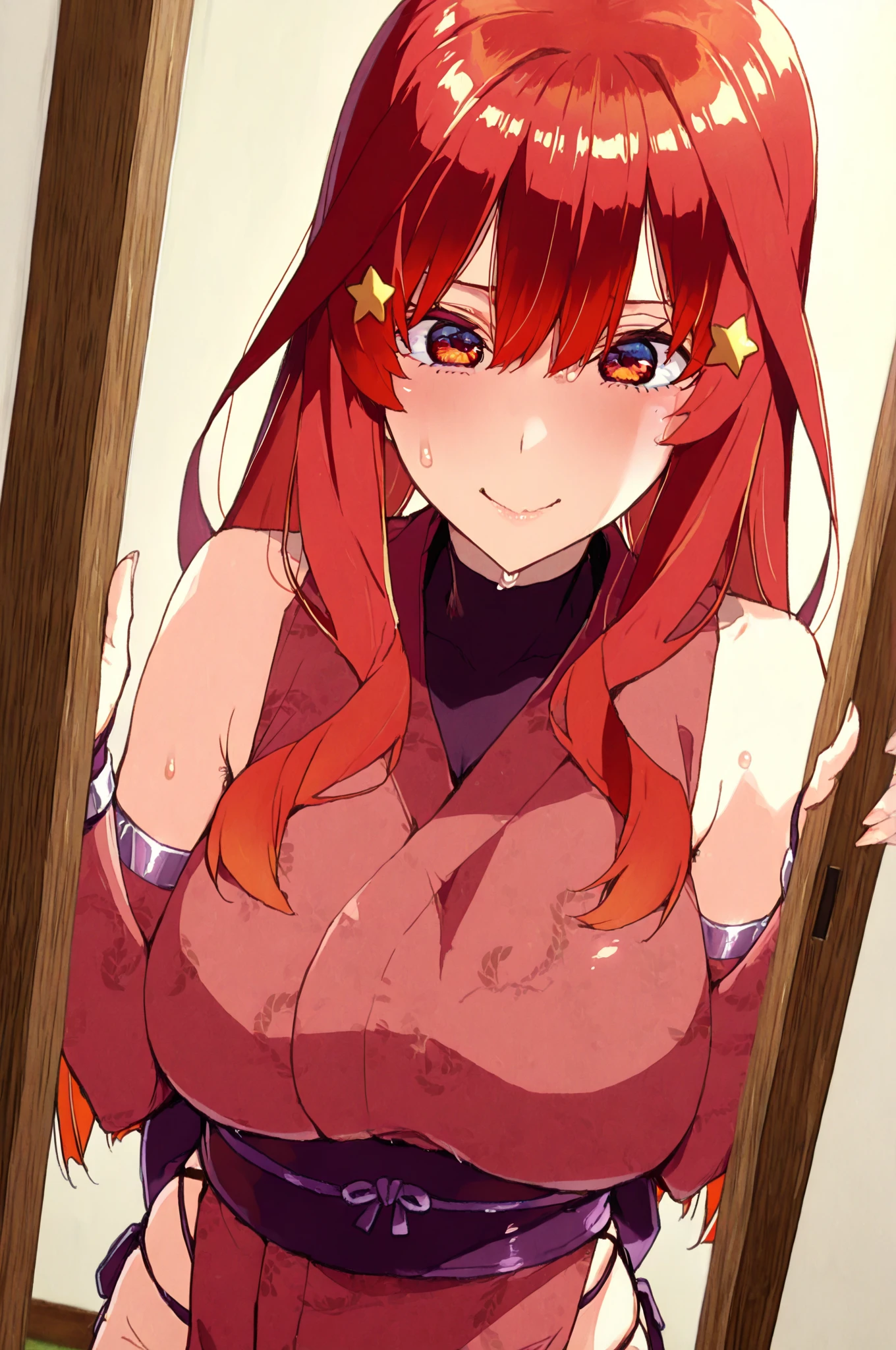 ((masterpiece)), ((best quality)), (ultra-detailed), anime style, on the bed, a cute girl, 1girl, solo, ((beautiful eyes)), smile, kimono, japanese cloth, ((open chest)), ((cute nipples)), small breast