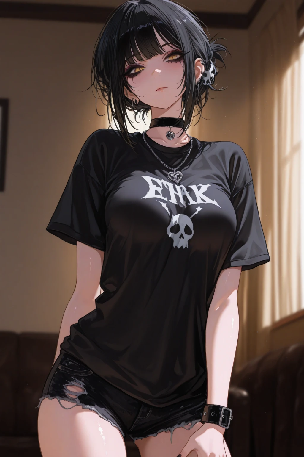 ((masterpiece)), (ultra high quality)), impressive details)), ((NSFW)), ((Depressing and dull colors)), (poor light), 1 girl, (perfect body), clear skin, short hair, big natural breasts, Nose piercing, shading in the eyes, gothic, black painted lips, dark clothing, shirt and short skirt, front view, pose sexy, kneeling pose, on top of a bed, ((dark environment))