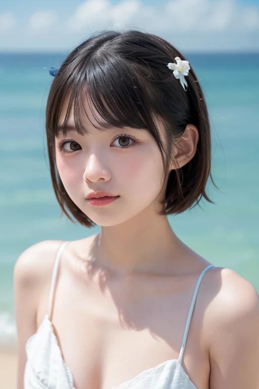 Top quality, masterpiece, 18yo, super high resolution, (Photorealistic: 1.5), raw photo, only daughter, shade of tree, coast, swimsuit, frills, darkness, deep shadow, low key, cold light, sexy expression, short hair, front teeth , troubled face,