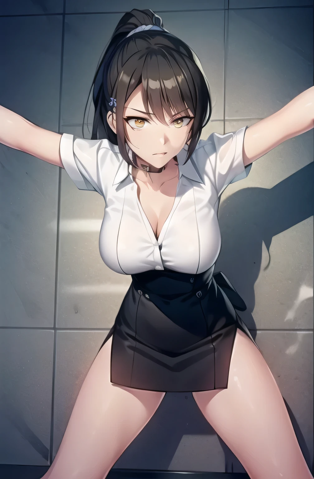 Mai Sakurajima, lange Haare, bangs, (schwarzes Haar:1.5), Haarverzierung, (lila Augen:1.1), Haarklammer, rabbit Haarverzierung, ((erröted)), ((gefesselte Handgelenke, Ankle with rope)), ((Arms behind the back)), ((Shibari over clothing)), auf einem Bett sitzend, Blick in die Kamera, hilflos, Bondage und Knebel, black Mini skirt, White crop top