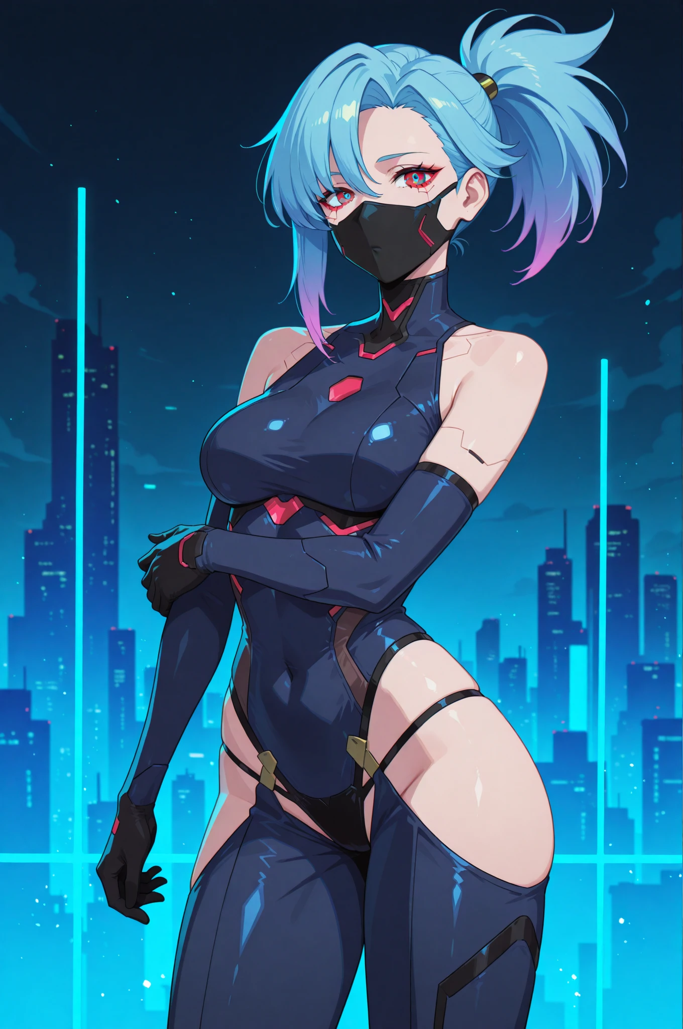 A female super hero in bikini, blue eyes, injured, Bandages, blue energy fireball, dragonfly’s in background, cyberpunk sky blue and white city building’s background 