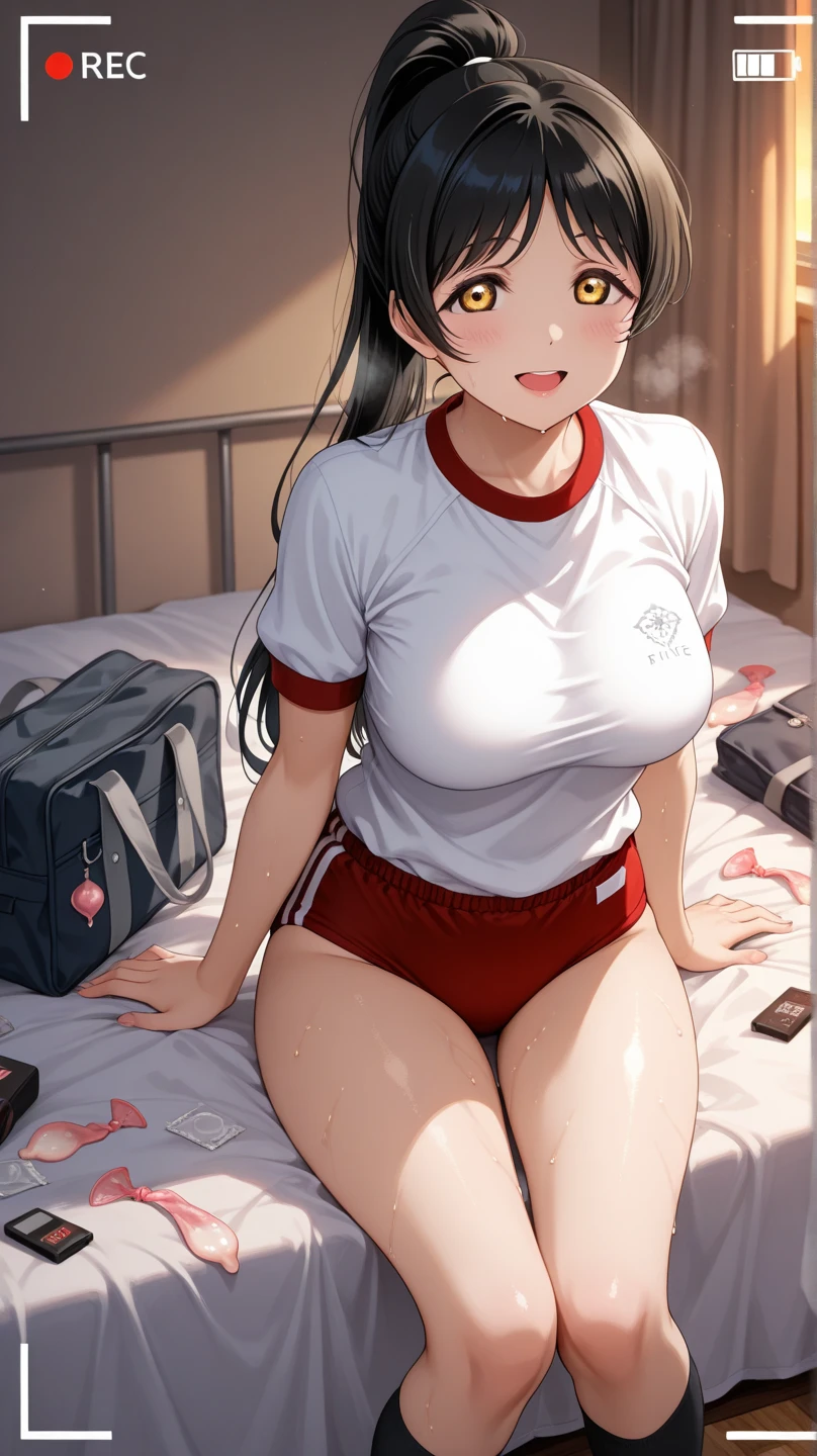Taeko Kondo、Girls&Panzer、Brown Hair、Short Hair、((Short leggings))、Photo from below、Medium chest、Bedroom、(Gym clothes with short sleeves)、Red ribbon、((Black knee-high socks))、(The whole body gets wet)、Kneeling