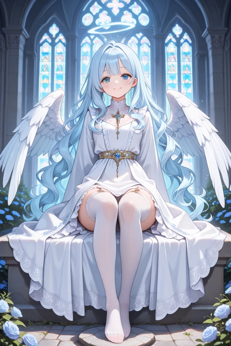 I want a beautiful woman, with hair with white and light blue hair, lilac eyes, a 6 winged deity, with multipersonality, sitting on a throne with the wings of a phoenix and a dragon anime style