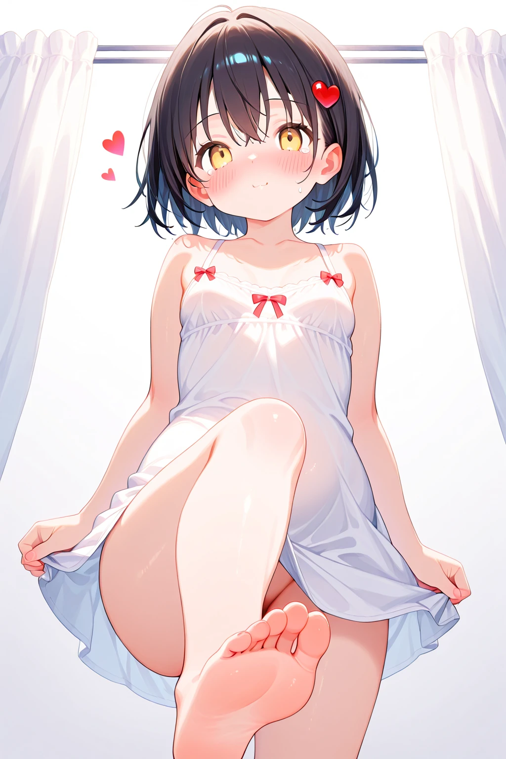 masutepiece, Best Quality,Illustration, Wallpaper, Ultra Detail, Little Face、((fear:1.3))、(Teary-eyed:1.5)、(((Cute underwear)))、She makes me lie down and spread my legs.、ample breasts、Cherry-colored nipples