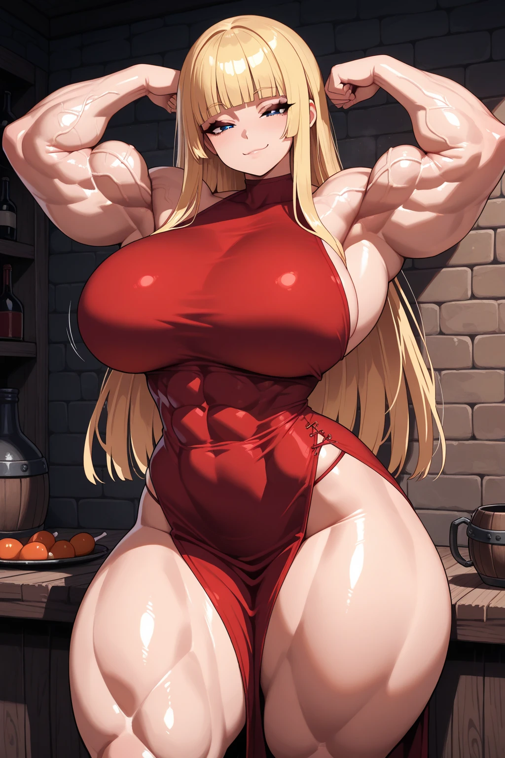 â=â¡Î£((( ã¤â¢ÌÏâ¢Ì)ã¤ Integrated Visual Composition, 1girl, long hair, blonde hair, yellow eyes, demon horns, long hair,anime character with huge breasts and big muscles posing for a picture, oppai, oppai proportions, thicc, powerful and huge, biomechanical oppai, big arms, big muscle, heavy detailedig biceps, massive muscles