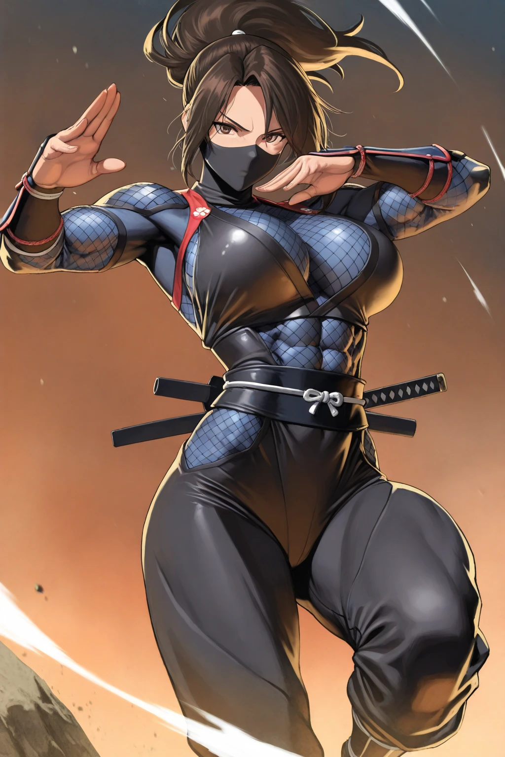 War, 1girl, 独奏, 가슴, Short hair, large breasts, black hair, red headband, cleavage, ninja, makeup, cameltoe, Hands Behind Your Back, bob cut, lipstick, 2000s style