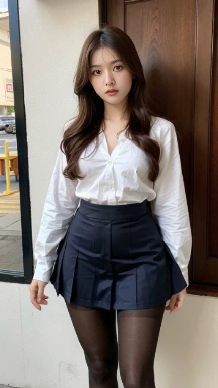 best resolution, 2 heads, Australian model girl two heads, 19 years old, youthful, wearing a white shirt and black skirt posing for a picture, teenage female , wearing skirt and high socks, wearing , , white shirt and grey skirt, cute , wearing a , of a  posing, girl wearing uniform, knee high socks, school girl, dressed magical school student uniform, braided hair, blonde hair, red hair, black hair, different hair colors, full body shot
