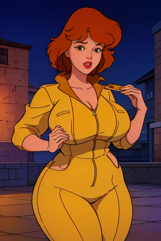 April O'Neill,  1girl, brown hair, orange hair, Short hair, 

Beautiful, pretty face, lipstick, glossy lips, pink lips, a perfect face, Perfect eyes, Perfect skin, Narrow waist, cute face,


Yellow jumpsuit, White Belt, full - body, night city background, Cowboy shot, 1980s \(style of\), retro artstyle, Masterpiece, Best Quality, hiquality, hight resolution, aesthetic, Detailed, Extremely detailed, ambient soft lighting, 8K, nice hands, perfect arms, absurdress,  perfect ligthing