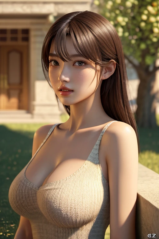 (From the side:1),((1girl in)),Light Brown Fringe Hair、Braided hair、disheveled hair、Light brown eyes、(dignified expression)、(Jeans Apron),(爆乳:1.4)、No shoulder、Tank Tops、((fullnude))、Emphasize the valley、grass field、blue-sky、(Photorealsitic)、(intricate detailes:1.2)、(masterpiece、:1.3)、(top-quality:1.4)、(超A high resolution:1.2)、超A high resolution、(A detailed eye)、(detailed facial features)