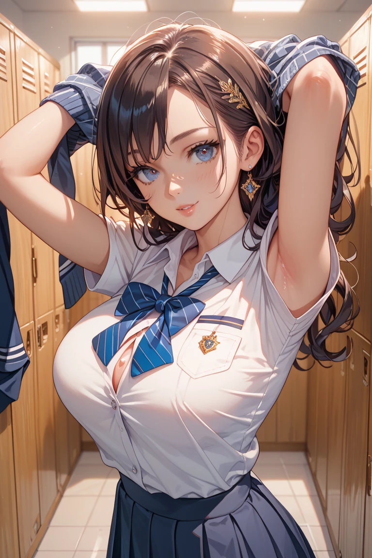 (Photorealistic, masutepiece, Best Quality, Raw photo:1.3)、1girl in, 18years old,Solo,school girl, Long hair, Brown hair, Detailed face, alluring face, Detailed beautiful eyes, medium breasts,(underboob:1.3),(coverd nipples:1.1),(loos sailer uniform :1.35), ( Perfect body skinny beauty: 1.4),( temptation Pose:1.3), (Looking at Viewer, front view,eyes focus:1.2), Detailed background, classroom,fine detailed, intricate detailes,  Ray tracing, depth of fields, seductive smile,classroom