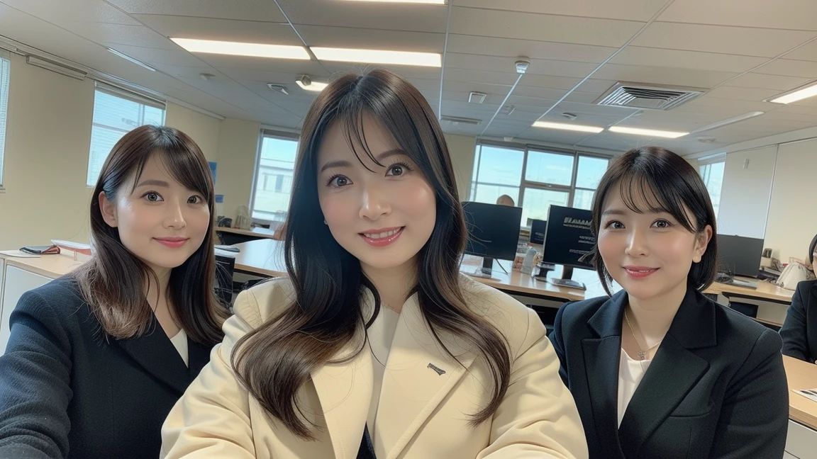 ((highest quality, 8k, Representative works in detail, Ultra-high resolution)), (Group photo of women), (Looking at the audience), (Mid Shot:), Five attractive businesswomen、Women only 5 people, A little chubby:0.25, White collared shirt, Grey Skirt, (Sitting cross-legged at an office desk)), smile, A view of Kobe Port and the Port Tower;Inside a high-rise office,