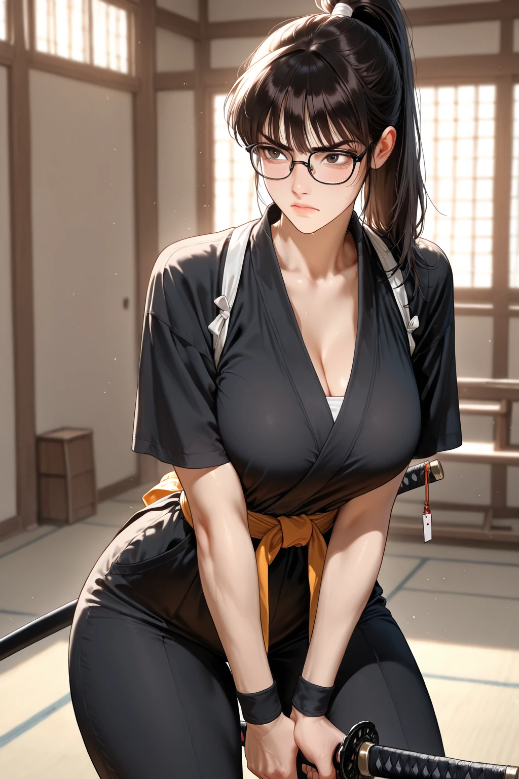 (((masterpiece, top quality, a high resolution, high detail))), (((modern Japan)), One, ((dojo)), ), big, brown-haired girl with ponytail, adult girl, Glasses, Curvy body, Sitting on the floor, split, blouse, skirt, short hair, Saddled, Tight belly, Saddled, saddle, cowgirl position, intersecting, Female from above, leans on his hands, camera from below, judo, squeezed her thighs, submission, femdom, femdom, look at the viewer, foreground,