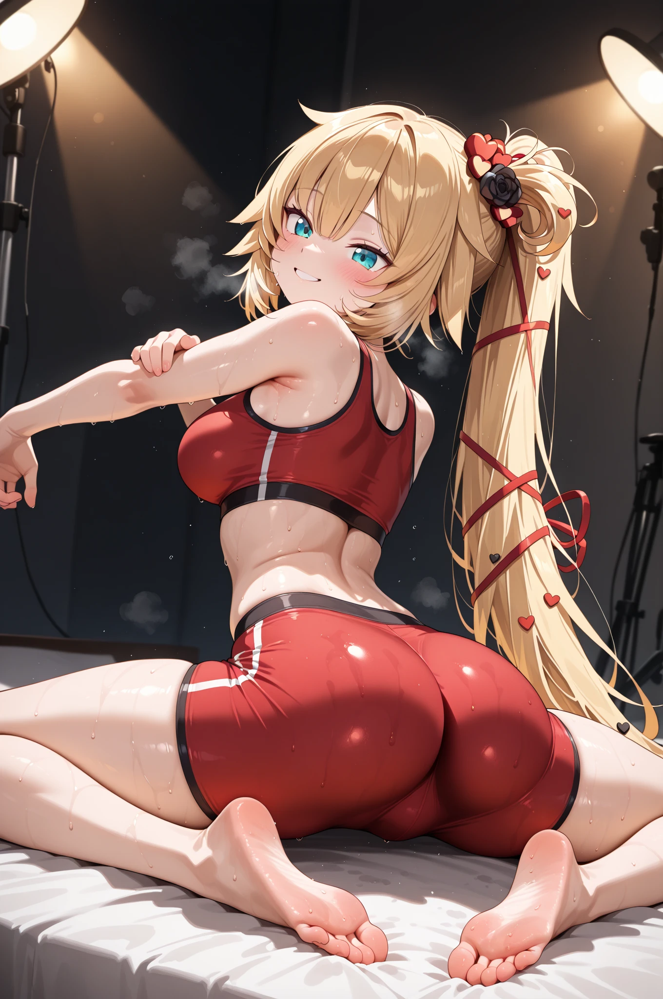 A girl with {mordred_fgo:1.15}, beautiful green eyes, a ponytail tied with a red scrunchie and a sexy and confident appearance. She has a figure with , blonde hair, a muscular fitness body and very small breasts and a perfect toned ass . Her face is blushed and she is sweating and wears and exhausted appaerance after workout. She is in a NSFW scenario in a gym lifting weights