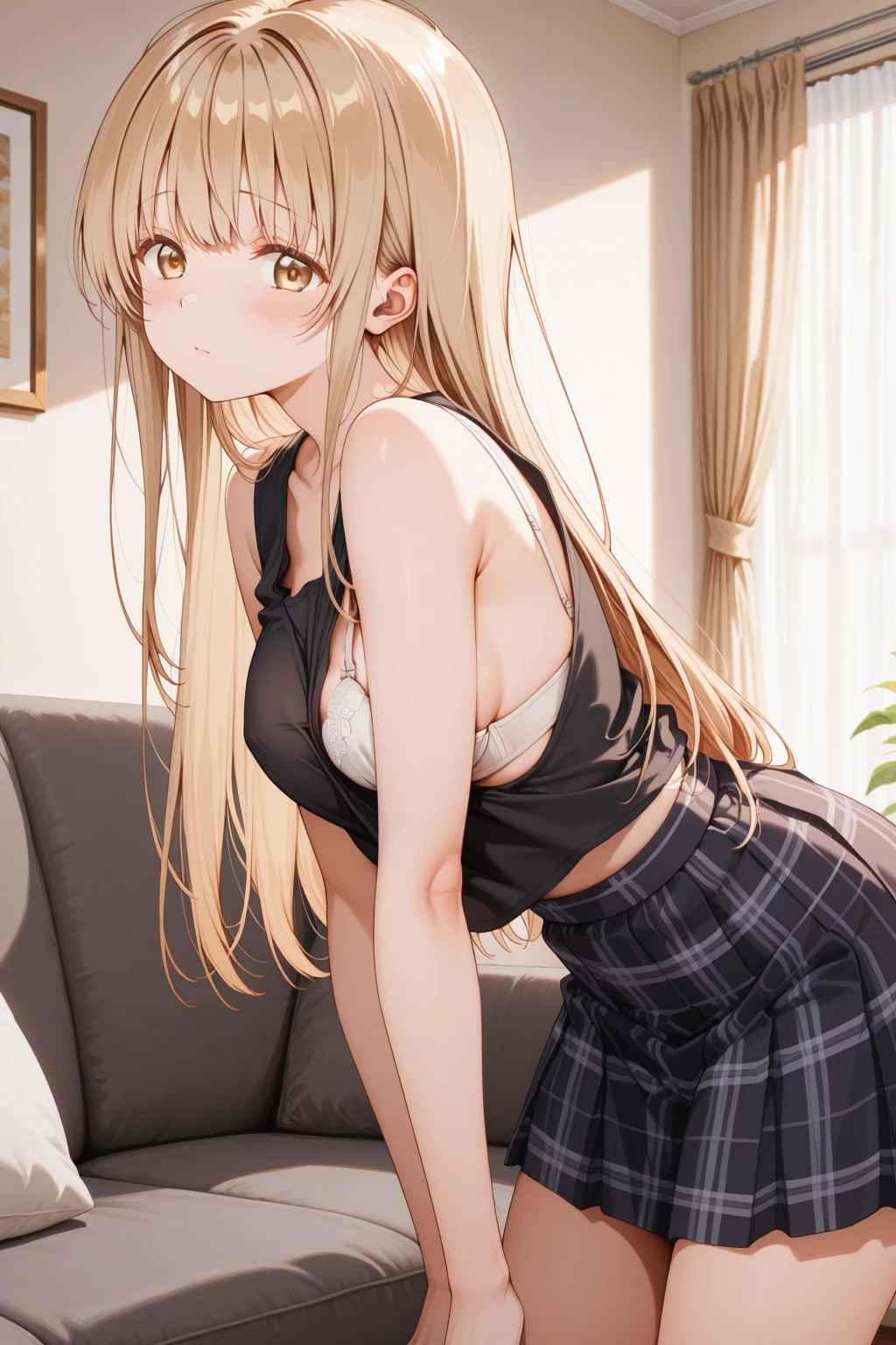 ((Highest quality)), ((masterpiece)), (detailed), One girl, sexly、Busty Japanese woman in black tank top、Blonde, Beauty、Embarrassed expression、whole body、Angle from below、mini skirt、
