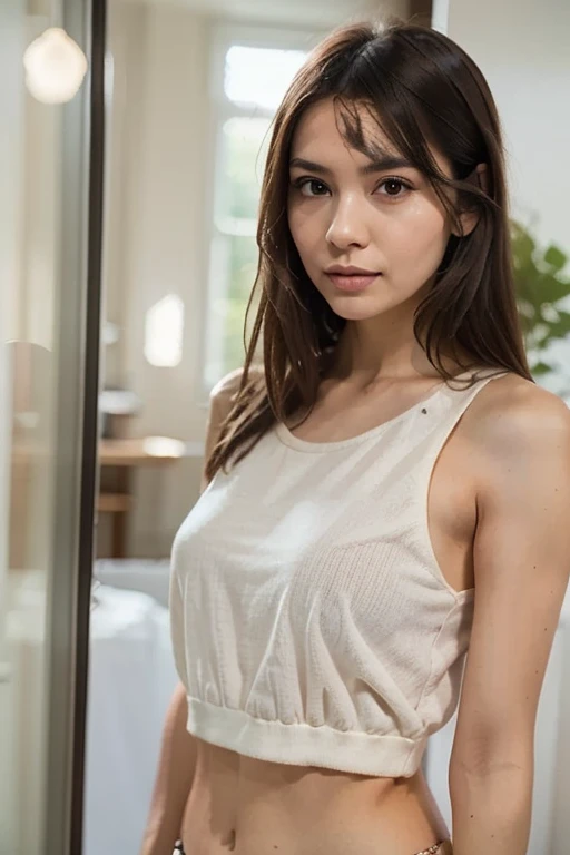 Best Quality, Masterpiece, Ultra High Resolution, (Realisticity: 1.4), Original Photo, Cinematic Lighting, 1Girl, Cute, 20 years old, perfect face, light brown hair, brown eyes, proportional posture, medium size breast, no bra, black shoulder off shirt, mini skirt, her name Alicia Schmidt