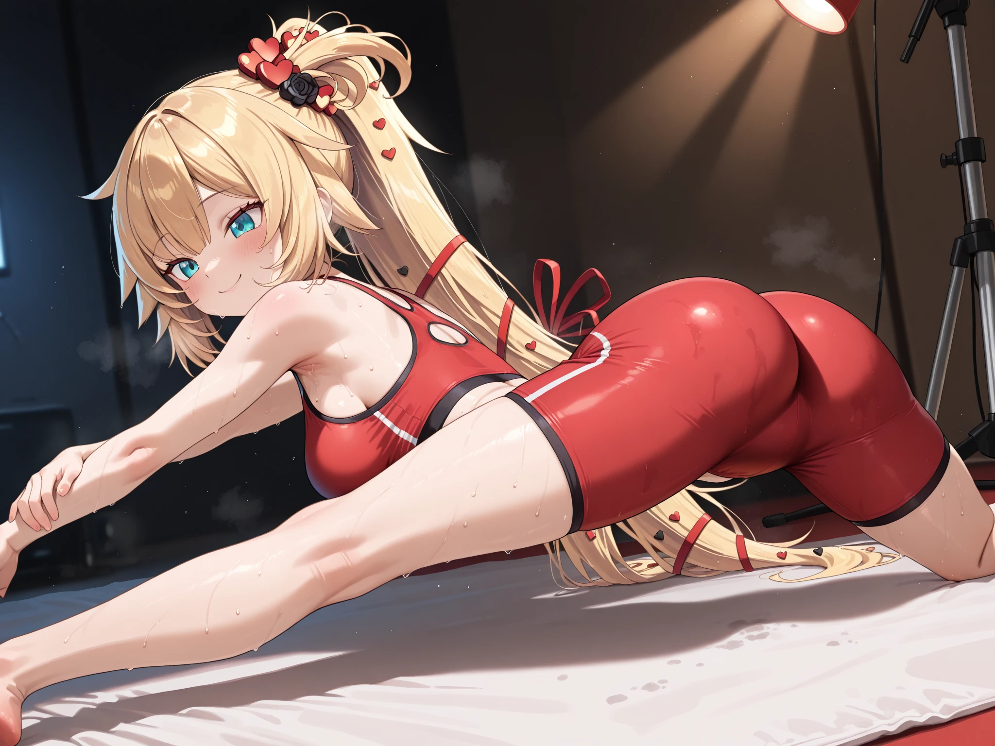 realisticlying, 1girll, （比基尼：1.5）,huge tit，light particules, llight rays, the wallpaper，Tethered bikini，Back to the ground，lies on the ground，（Extend your legs into the air：1.5），Stretch your body，Barefoot