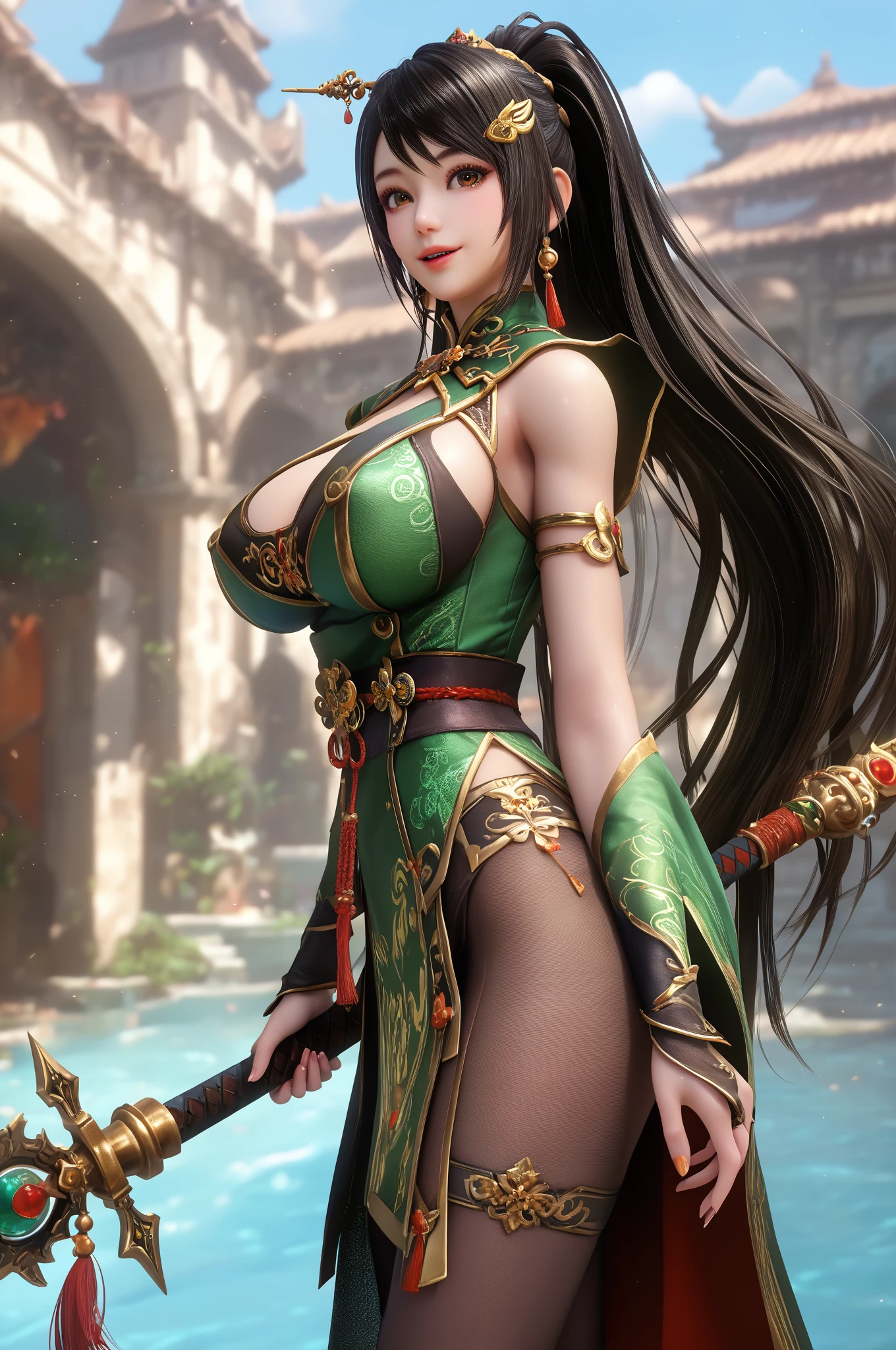 a woman in a green dress holding a sword and a flower, inspired by Li Mei-shu, inspired by Shen Zhou, inspired by Wu Li, inspired by Wu Zuoren, yun ling, inspired by Ju Lian, inspired by Li Tang, full body xianxia, inspired by Qiu Ying, inspired by Lan Ying, xianxia hero, Highly detailed CG unit 8k wallpaper, masterpiece, High resolution, highest quality, highest quality real texture skin, Super Real, Digital Painting, Best image quality, 最High resolution, 8k, ((Highly detailed eyes and face, Beautiful eyes every detail)), 1girl, Full Body Shot, (Cleavage, Saggy breasts, Gravity-dependent breasts, long chest, Heavy chest, disproportionate breasts, huge breasts, sagging breasts, gigantic breasts, erect nipple), Off the shoulder, 