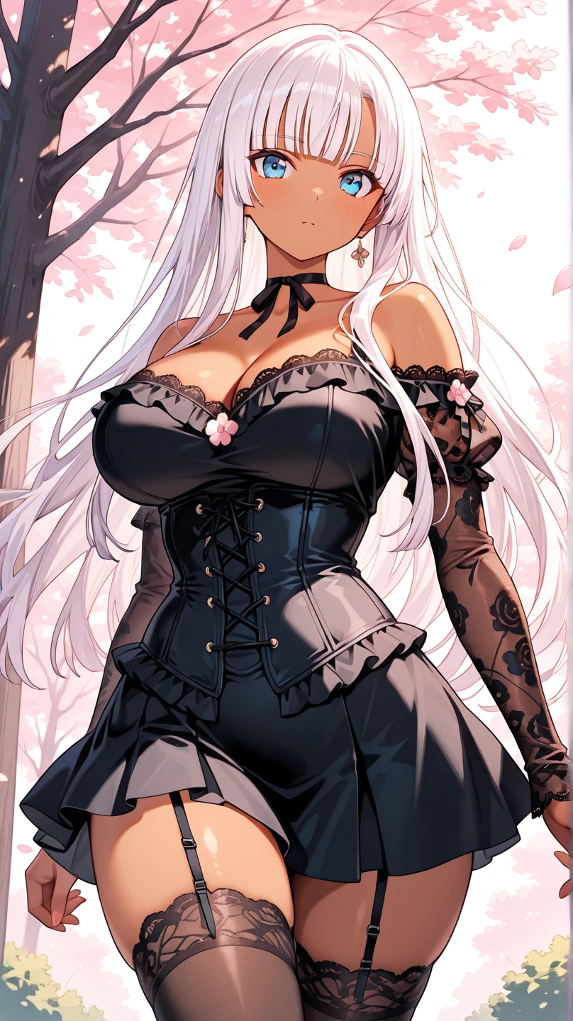 solo, female, medium short, sfw, extremely long hair, white hair, wavy hair, horse ears, red eyes, pale, dark forest, mist, huge breasts, centaur girl, tiny waist, black elbow gloves, lingerie, corset, exposed midriff, fit, hair over one eye, seductive smile, mole under eye