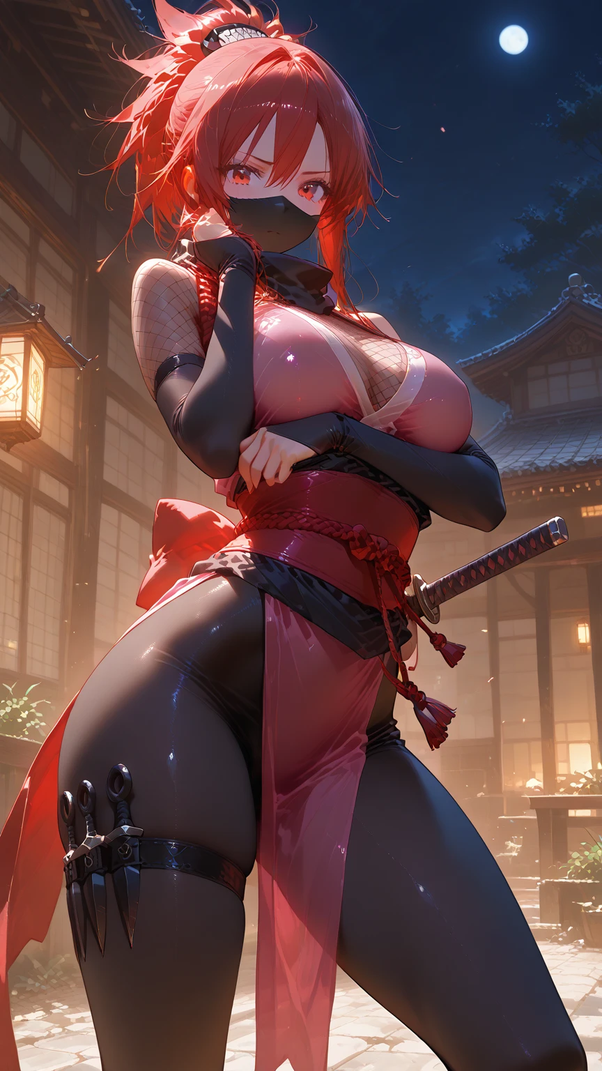 ((Seductive Ninja Woman:1.6))、(Long black hair、Purple Eyes)、((tight black and red ninja outfit、Ninja Tool Pouch、Hourglass figure))、Confident expression、((The gesture of tying hair:1.3、Arch your back and look back))、Moonlit night view of Konohagakure Village、Realistic anime style, ((glowing tattoo:1.8)), ((haze:1.8))