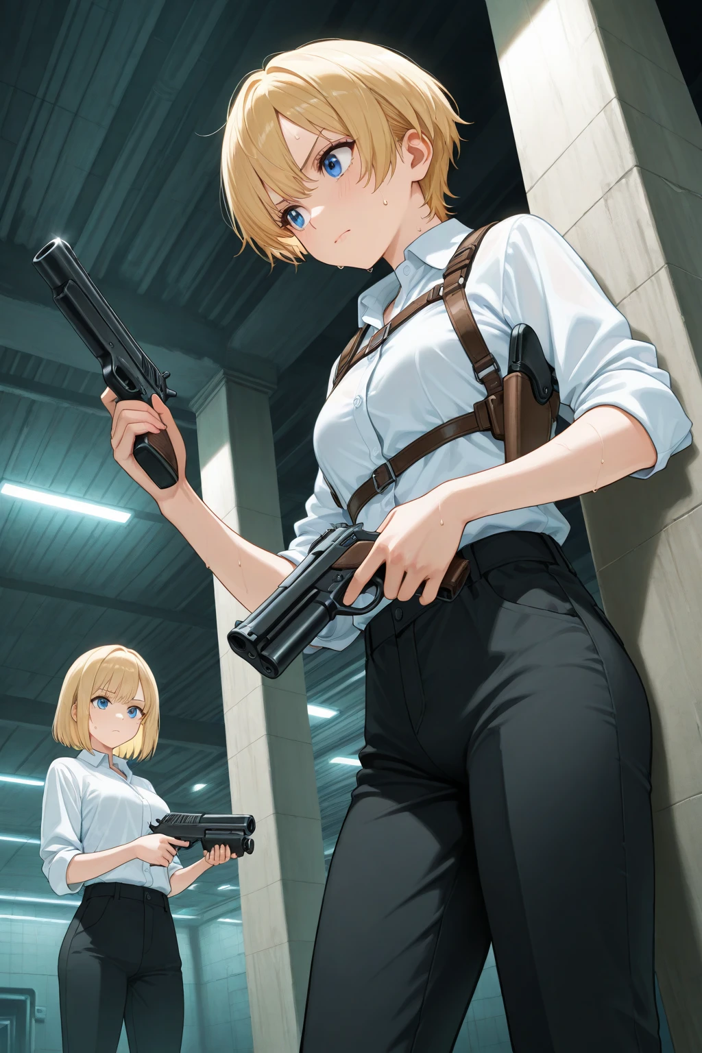 1 woman, skirts, (show off g-string detailed pantie), (hands skirt lift), from front, cowboy shot, BREAK annoyed,shoot from below,Blonde,short hair,Police Officer